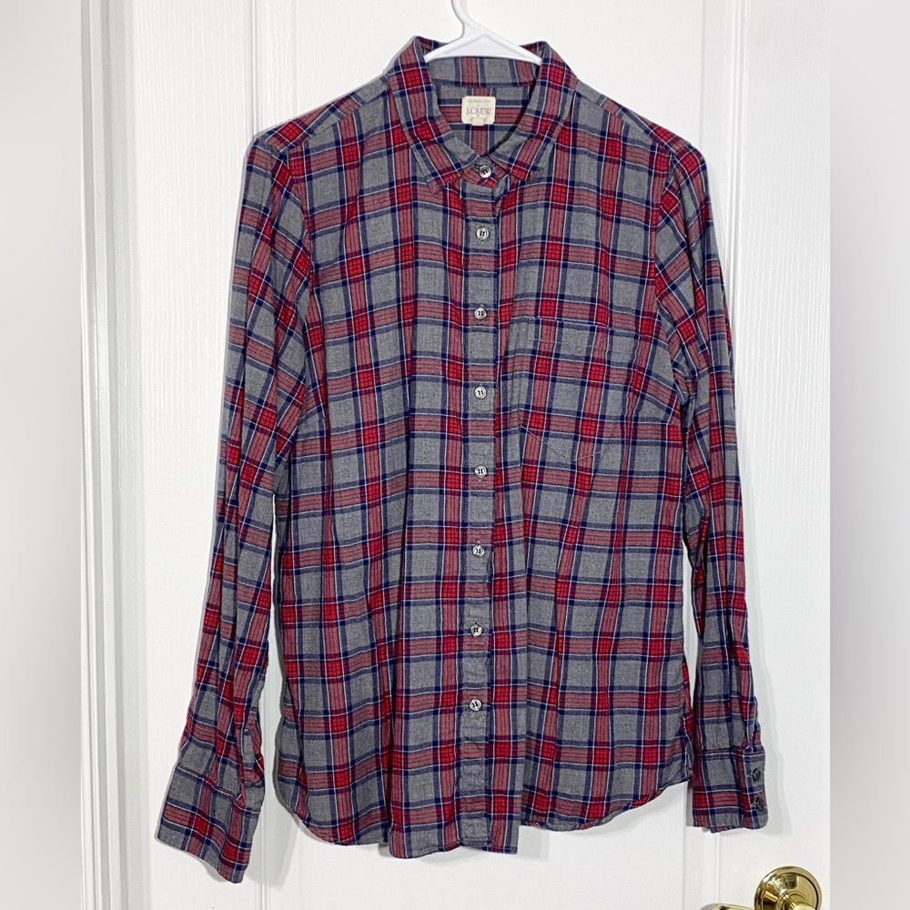 J.Crew Plaid Flannel Button Down Shirt Gray Red Blue Size M